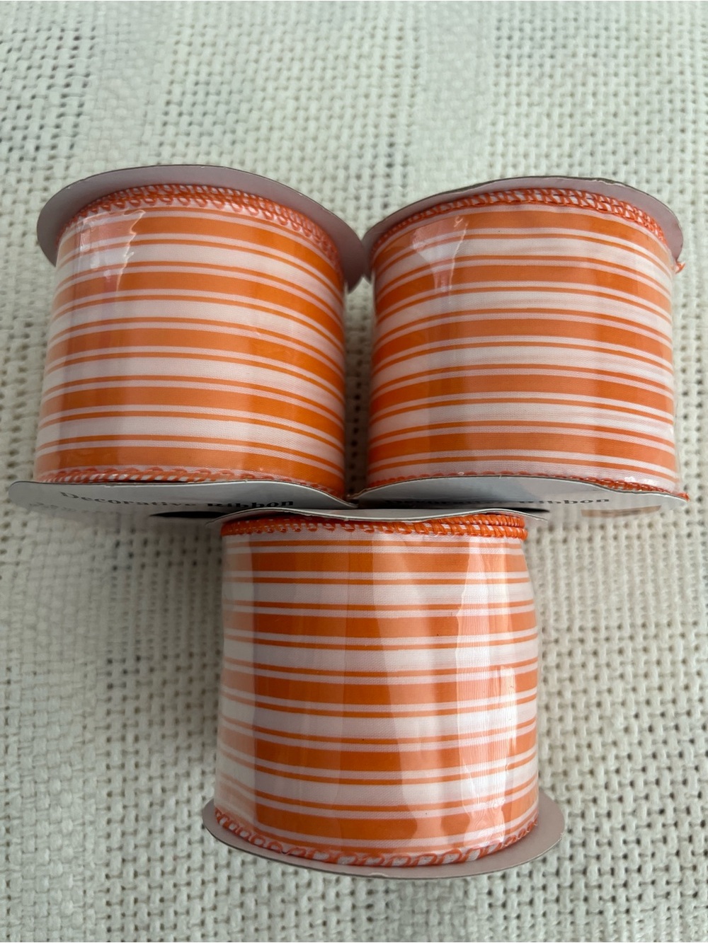 3 Orange And White Stripe Craft Ribbon Spools Lot 2.5" X 9 Feet